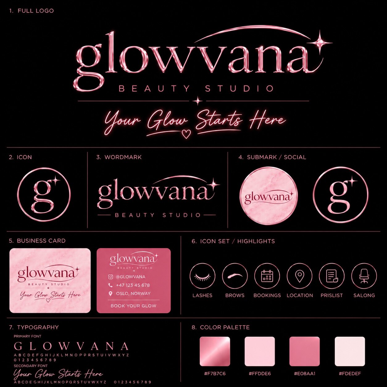 Glowvana Beauty Studio complete logo and brand identity package
